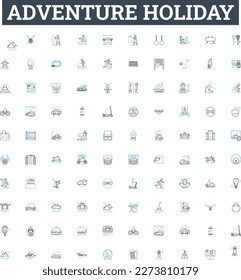 Adventure holiday vector line icons set. Voyage, Expedition, Trek, Tour, Holiday, Camp, Journey illustration outline concept symbols and signs