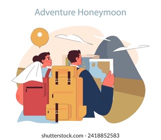 Adventure Honeymoon concept. A couple charts a course for thrill and discovery, backpacks ready for the journey ahead.