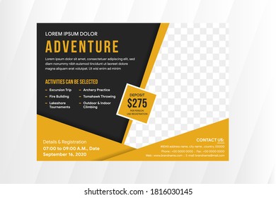 Adventure horizontal flyer design template with gold and black combination colors. Spaca for photo collage. 