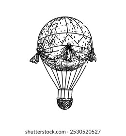 adventure hot air balloon hand drawn. sky borne, basket altitude, sunrise sunset adventure hot air balloon vector sketch. isolated black illustration