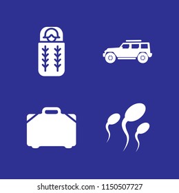 adventure icon. 4 adventure set with sleeping bag, sperm, jeep and trip vector icons for web and mobile app