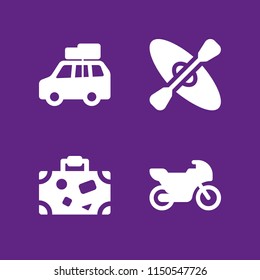 adventure icon. 4 adventure set with trip, car with luggage, kayak and bike vector icons for web and mobile app
