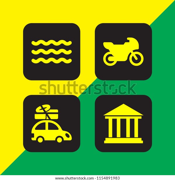 adventure icon. 4 adventure set with wave, bike,\
history and car with luggage on the roof rack vector icons for web\
and mobile app