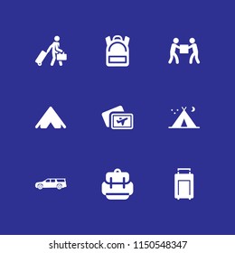 adventure icon. 9 adventure set with backpack, tent night, suitcase and travel vector icons for web and mobile app