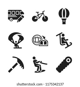adventure icon. 9 adventure vector icons set. ice axe, surfing and sleeping bag icons for web and design about adventure theme