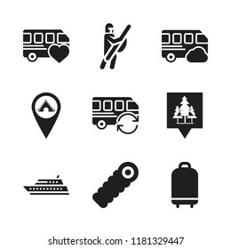 adventure icon. 9 adventure vector icons set. sleeping bag, suitcase and bus icons for web and design about adventure theme