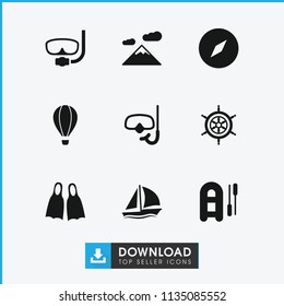 Adventure icon. collection of 9 adventure filled icons such as compass, inflatable boat, mountain, snorkel, flippers, helm. editable adventure icons for web and mobile.