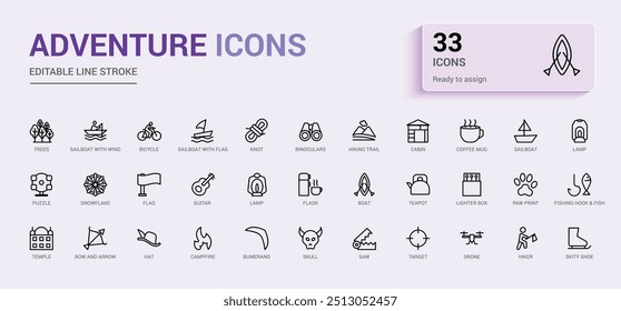 Coleção de ícones Adventure. Ícones de fogueira, escalada, viagem e canoagem. Coleção de ícones de estrutura de tópicos, conjunto de ícones de linha para Web e interface do usuário. Traçado editável. Ilustração vetorial com nomes de ícone