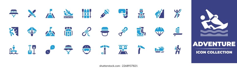 Colección de iconos de aventura. Color de duotona. Ilustración vectorial. Con sombrero, ataque, desafío, windsurf, skii, linterna, buceo, turista, cuerda, aventura, escalada, ala delta, senderismo.