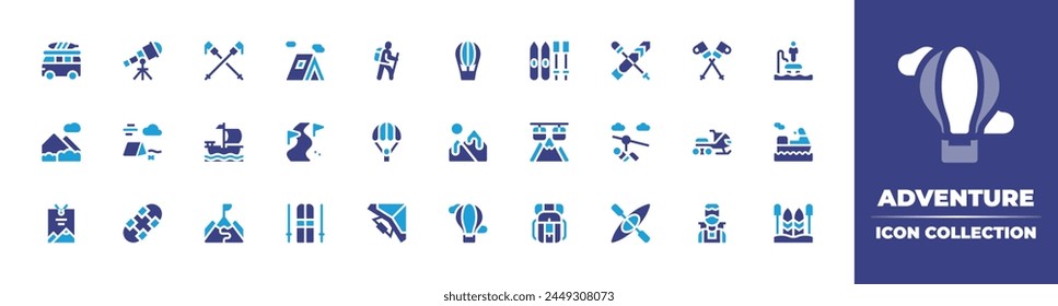 Adventure icon collection. Duotone color. Vector illustration. Containing hiking, hangglider, skiing, kayak, skipass, skipoles, slalom, zipline, backpack, ski, skii, skisticks, ship, parachute.