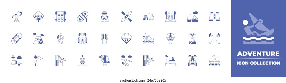 Adventure icon collection. Duotone style line stroke and bold. Vector illustration. Containing hiking, windsurf, zipline, iceaxe, backpack, parachute, abseiling, flyboard, parachuting, tent, climbing.