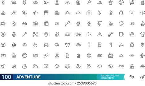 Adventure icon collection. Featuring travel, exploration, nature, hiking, backpacking, and more. Minimal line vector icons set. Vector illustration.