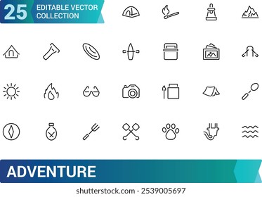 Adventure icon collection. Featuring travel, exploration, nature, hiking, backpacking, and more. Minimal line vector icons set. Vector illustration.