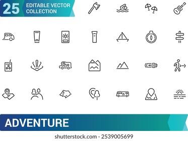 Adventure icon collection. Featuring travel, exploration, nature, hiking, backpacking, and more. Minimal line vector icons set. Vector illustration.