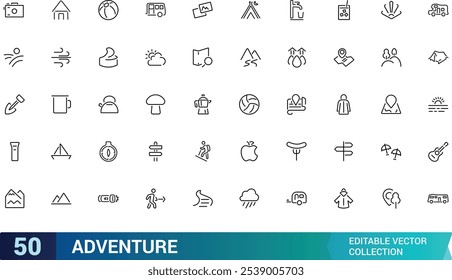 Adventure icon collection. Featuring travel, exploration, nature, hiking, backpacking, and more. Minimal line vector icons set. Vector illustration.