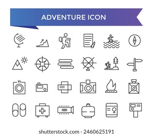 Adventure icon collection. Related to hike, campfire, snorkeling, climbing, travel and canoeing icons. Outdoor activity concept icon set.