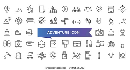 Adventure icon collection. Related to hike, campfire, snorkeling, climbing, travel and canoeing icons. Outdoor activity concept icon set.