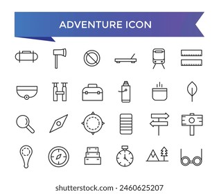 Adventure icon collection. Related to hike, campfire, snorkeling, climbing, travel and canoeing icons. Outdoor activity concept icon set.