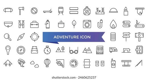 Adventure icon collection. Related to hike, campfire, snorkeling, climbing, travel and canoeing icons. Outdoor activity concept icon set.