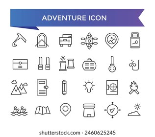 Adventure icon collection. Related to hike, campfire, snorkeling, climbing, travel and canoeing icons. Outdoor activity concept icon set.