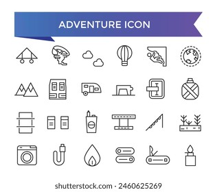 Adventure icon collection. Related to hike, campfire, snorkeling, climbing, travel and canoeing icons. Outdoor activity concept icon set.