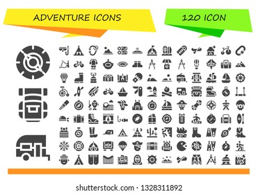 adventure icon set. 120 filled adventure icons.  Collection Of - Compass, Caravan, Backpack, Diving mask, Tent, Carabiner, Mountain, Woods, Surfboard, Sleeping bag, Canoe, Cabin