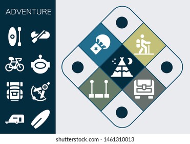 adventure icon set. 13 filled adventure icons.  Collection Of - Tent, Caravan, Surfboard, Backpack, Compass, Bike, Aqualung, Kayak, Hiking, Parachute, Trapeze, Chest