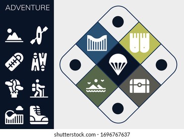adventure icon set. 13 filled adventure icons. Included Parachute, Roller coaster, Boots, Hot air balloon, Hiking, Sleeping bag, Flippers, Mountain, Kayak, Mountains, Treasure icons