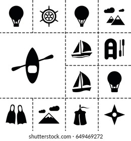 Adventure icon. set of 13 filled adventureicons such as air balloon, flippers, mountain, helm, sailboat, rowing boat, compass, tent