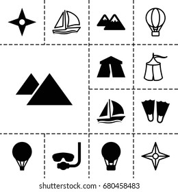 Adventure icon. set of 13 filled and outline adventure icons such as tent, mountain, sailboat, air balloon, compass, underwater mask