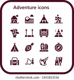 adventure icon set. 16 filled adventure icons.  Simple modern icons about  - Cabin, Roller coaster, Tent, Hiking, Hot air balloon, Trapeze, Chest, Compass, Surfboard, Sport bag