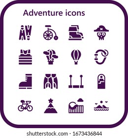 adventure icon set. 16 filled adventure icons.  Simple modern icons such as: Flippers, Bike, Boots, Pirate, Sailor, Hot air balloon, Carabiner, Trapeze, Sleeping bag, Peak, Roller coaster