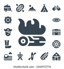 adventure icon set. 17 filled adventure icons.  Simple modern icons about  - Caravan, Helm, Pirate, Campfire, Boots, Diving mask, Chest, Wind rose, Roller coaster, Rafting, Wingsuit