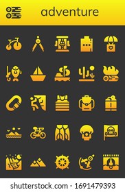 adventure icon set. 26 filled adventure icons.  Simple modern icons such as: Bike, Woods, Compass, Roller coaster, Hip flask, Parachute, Fishing, Sailboat, Sailing, Desert, Campfire