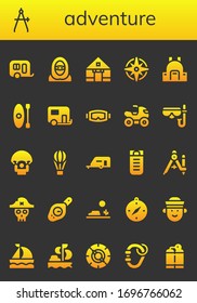 adventure icon set. 26 filled adventure icons. Included Caravan, Compass, Desert, Tent, Windrose, Backpack, Kayak, Diving mask, Quad, Parachute, Hot air balloon, Sleeping bag icons