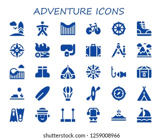  adventure icon set. 30 filled adventure icons. Simple modern icons about  - Surfboard, Wingsuit, Roller coaster, Bike, Helm, Boots, Windrose, Campfire, Dive, Travel bag, Compass