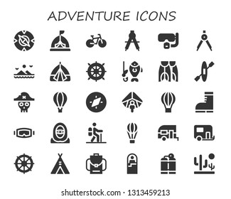 adventure icon set. 30 filled adventure icons.  Simple modern icons about  - Compass, Tent, Bike, Dive, Mountains, Helm, Fishing, Flippers, Kayak, Pirate, Hot air balloon, Hang gliding