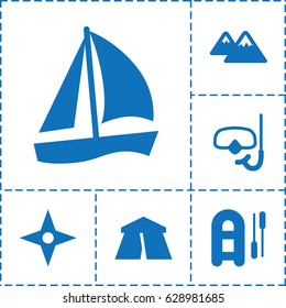 Adventure icon. set of 6 adventure filled icons such as tent, mountain, snorkel, compass, inflatable boat