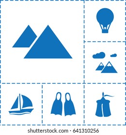 Adventure icon. set of 6 adventure filled icons such as air balloon, flippers, mountain, sailboat