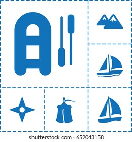 Adventure icon. set of 6 adventure filled icons such as mountain, sailboat, compass, tent