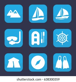 Adventure icon. set of 9 filled adventure icons such as tent, mountain, flippers, helm, sailboat, underwater mask, inflatable boat