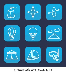 adventure icon. Set of 9 outline adventure icons such as tent, sailboat, air balloon, rowing boat, compass, snorkel