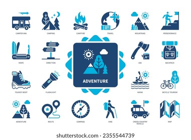 Adventure icon set. Campfire, Adventure, Camper Van, Backpack, Tourism, Camping, Hike, Kayak. Duotone color solid icons