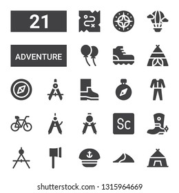 adventure icon set. Collection of 21 filled adventure icons included Tent, Dune, Sailor, Ax, Compass, Boot, Scout, Bike, Diving, Boots, Climbing, Balloon, Hot air balloon, Treasure