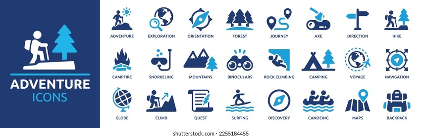 Adventure icon set. Containing hike, campfire, snorkeling, climbing, travel and canoeing icons. Outdoor activity concept. Solid icon collection.