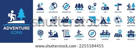 Adventure icon set. Containing hike, campfire, snorkeling, climbing, travel and canoeing icons. Outdoor activity concept. Solid icon collection.