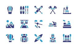 Adventure Icon Set. Duotone Color. Vector Illustration. Containing Skiing, Kayak, Skipoles, Zipline, Backpack, Ski, Tourist, Flyboard, Snowmobile, Cablecar, Jetski, Mountain, Hotairballoon.