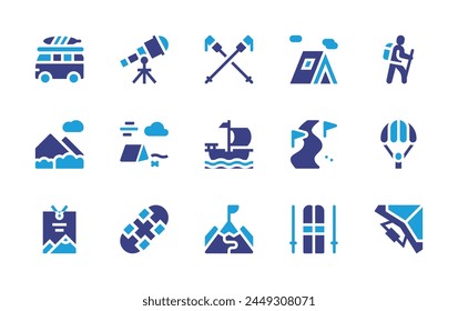 Adventure icon set. Duotone color. Vector illustration. Containing hiking, hangglider, skipass, slalom, skii, skisticks, ship, parachute, tent, telescope, mountains, camp, skateboard, van.