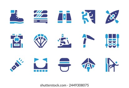 Adventure icon set. Duotone color. Vector illustration. Containing hiking, iceaxe, binoculars, backpack, skiing, hat, boots, flashlight, abseiling, climbing, kayak, hanggliding, ramp, parachute.