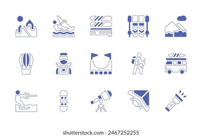 Adventure icon set. Duotone style line stroke and bold. Vector illustration. Containing hiking, hangglider, windsurf, skiing, flashlight, tourist, snowboard, waterski, telescope, mountain, ramp.